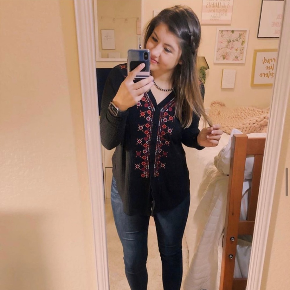 Embroidered Black Waffle Knit Blouse